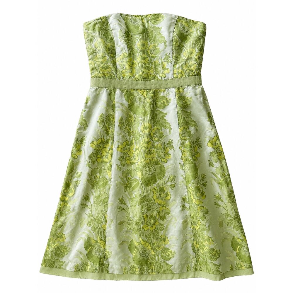Ann Taylor Silk Blend Strapless Dress Green Floral Jacquard Cocktail Dress